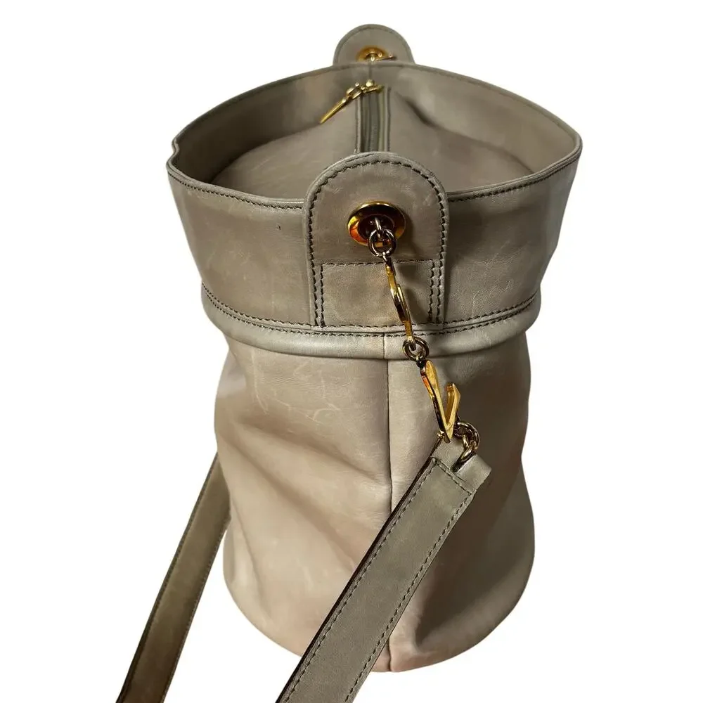 Enrico Coveri taupe leather shoulder bag bucket purse numbers gold chain straps